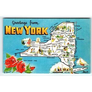 Greetings From New York Map Postcard Empire State Postcard Dexter Chrome Vintage